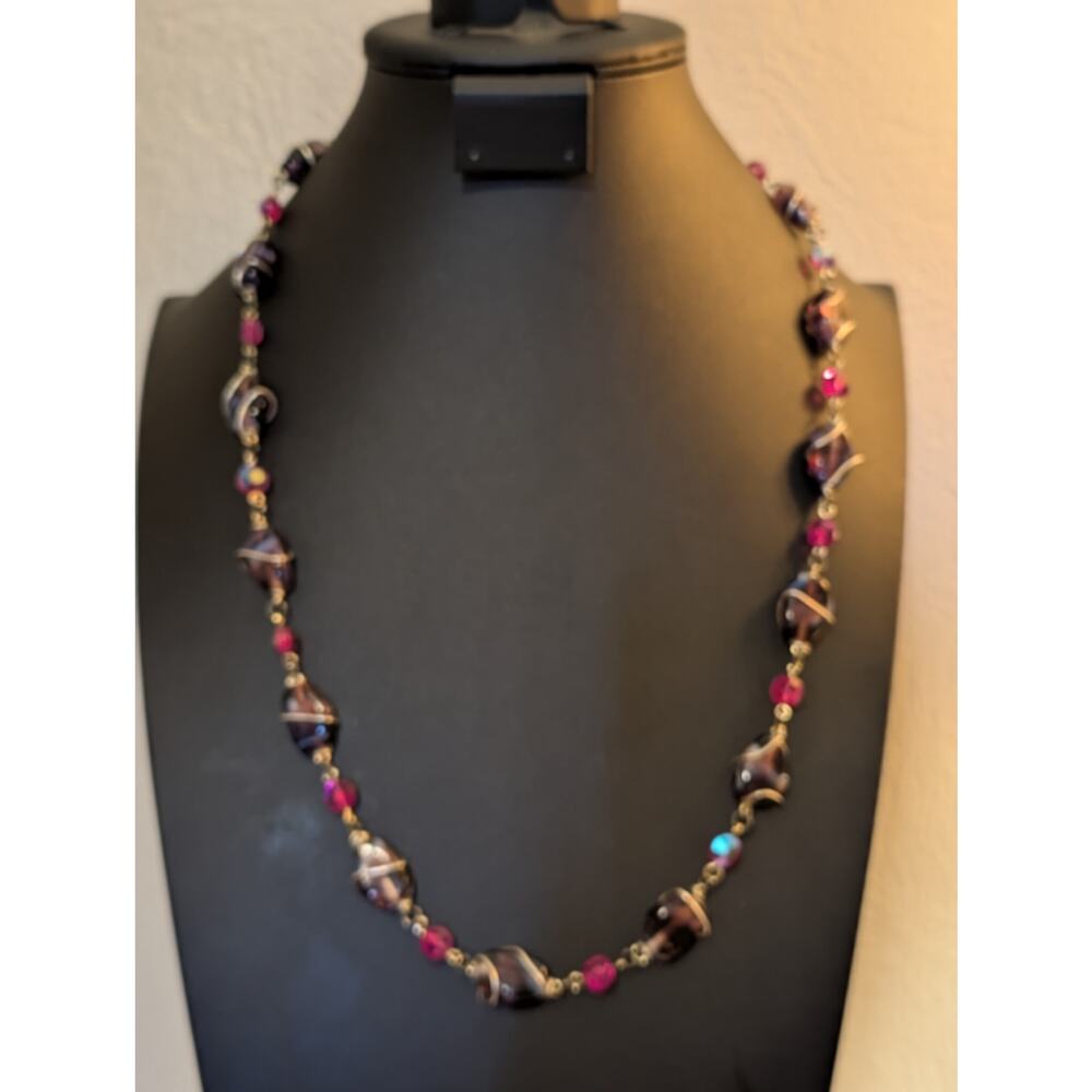 VTG Purple Wire Wrapped Glass Bead & Pink AB Crystal Bead Silver Tone Necklace